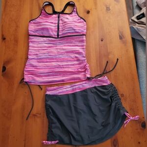NWOT Amazon Swim Two Piece Tankini and Skirt Pink & Grey Strip Zippered Top Sz S